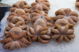 Raw fresh octopus on ice. Seafood restaurant, cafe display, showcase. Selective focus
